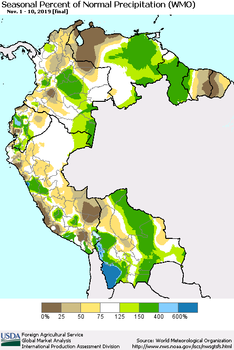 Northern South America Seasonal Percent of Normal Precipitation (WMO) Thematic Map For 11/1/2019 - 11/10/2019