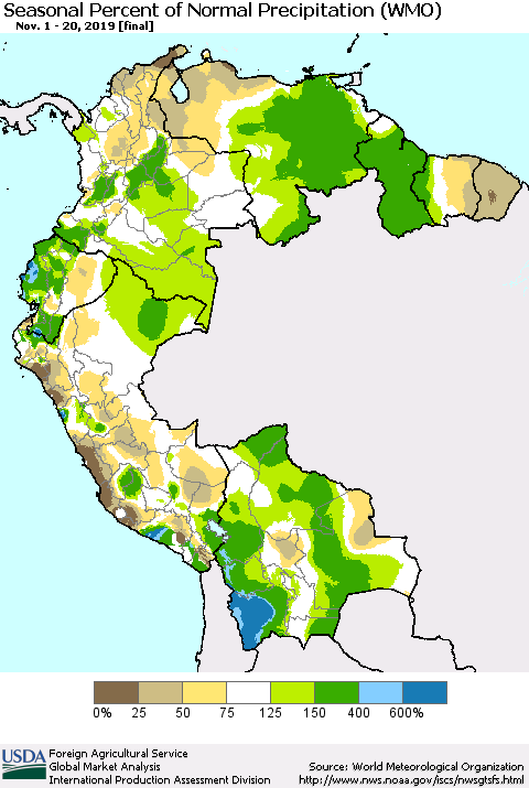 Northern South America Seasonal Percent of Normal Precipitation (WMO) Thematic Map For 11/1/2019 - 11/20/2019