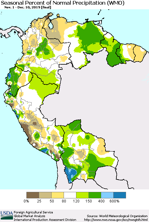 Northern South America Seasonal Percent of Normal Precipitation (WMO) Thematic Map For 11/1/2019 - 12/10/2019