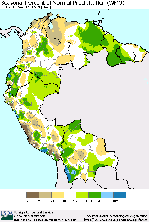 Northern South America Seasonal Percent of Normal Precipitation (WMO) Thematic Map For 11/1/2019 - 12/20/2019