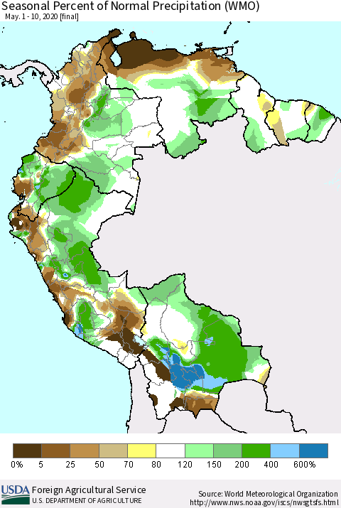 Northern South America Seasonal Percent of Normal Precipitation (WMO) Thematic Map For 5/1/2020 - 5/10/2020