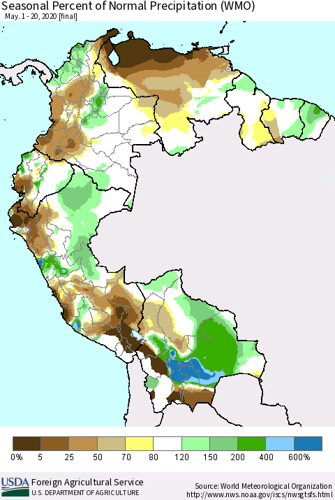 Northern South America Seasonal Percent of Normal Precipitation (WMO) Thematic Map For 5/1/2020 - 5/20/2020