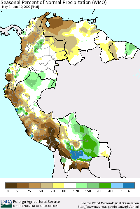 Northern South America Seasonal Percent of Normal Precipitation (WMO) Thematic Map For 5/1/2020 - 6/10/2020