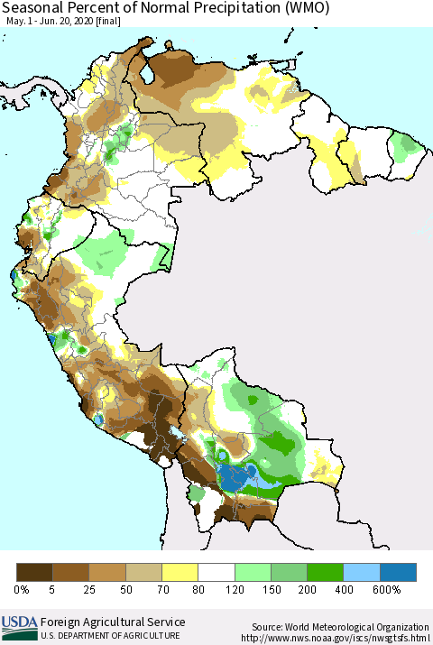 Northern South America Seasonal Percent of Normal Precipitation (WMO) Thematic Map For 5/1/2020 - 6/20/2020