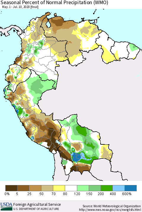 Northern South America Seasonal Percent of Normal Precipitation (WMO) Thematic Map For 5/1/2020 - 7/10/2020