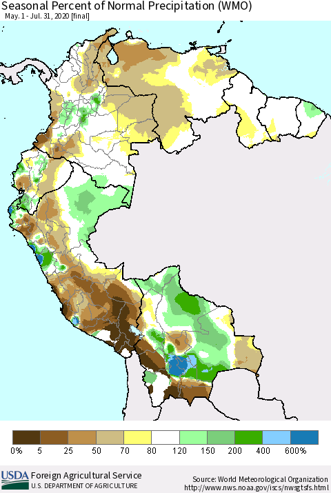 Northern South America Seasonal Percent of Normal Precipitation (WMO) Thematic Map For 5/1/2020 - 7/31/2020