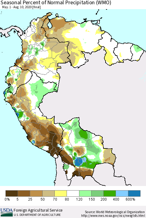 Northern South America Seasonal Percent of Normal Precipitation (WMO) Thematic Map For 5/1/2020 - 8/10/2020