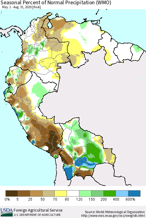 Northern South America Seasonal Percent of Normal Precipitation (WMO) Thematic Map For 5/1/2020 - 8/31/2020