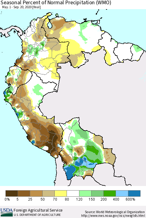 Northern South America Seasonal Percent of Normal Precipitation (WMO) Thematic Map For 5/1/2020 - 9/20/2020