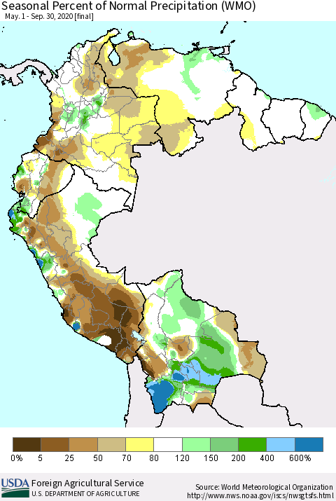Northern South America Seasonal Percent of Normal Precipitation (WMO) Thematic Map For 5/1/2020 - 9/30/2020