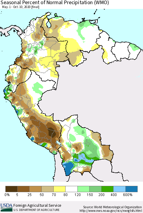 Northern South America Seasonal Percent of Normal Precipitation (WMO) Thematic Map For 5/1/2020 - 10/10/2020
