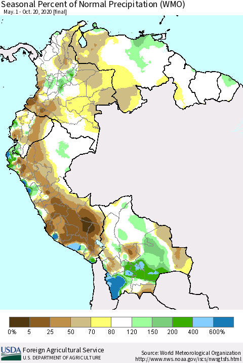 Northern South America Seasonal Percent of Normal Precipitation (WMO) Thematic Map For 5/1/2020 - 10/20/2020
