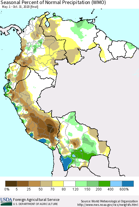 Northern South America Seasonal Percent of Normal Precipitation (WMO) Thematic Map For 5/1/2020 - 10/31/2020