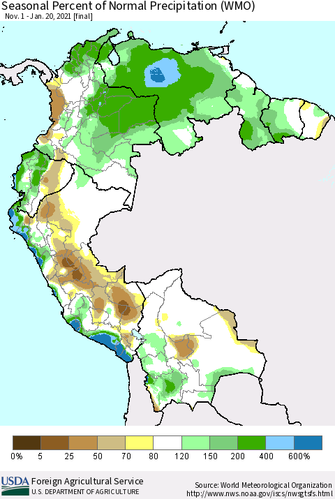 Northern South America Seasonal Percent of Normal Precipitation (WMO) Thematic Map For 11/1/2020 - 1/20/2021