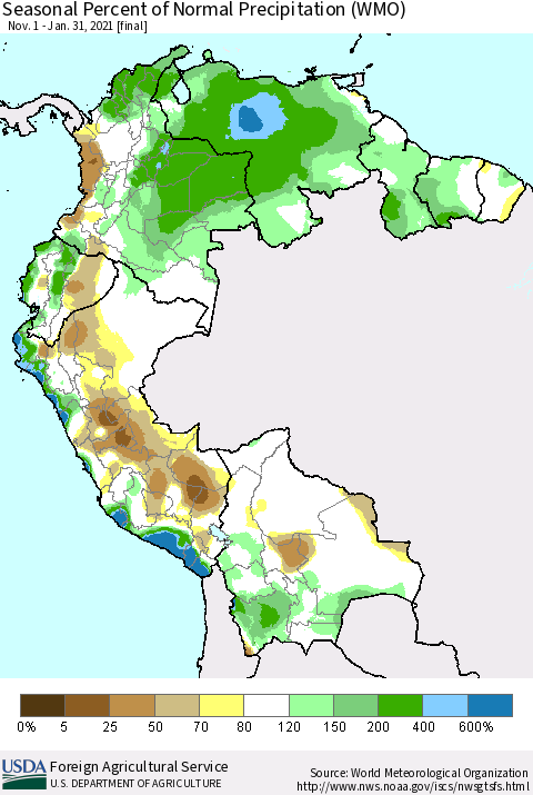 Northern South America Seasonal Percent of Normal Precipitation (WMO) Thematic Map For 11/1/2020 - 1/31/2021
