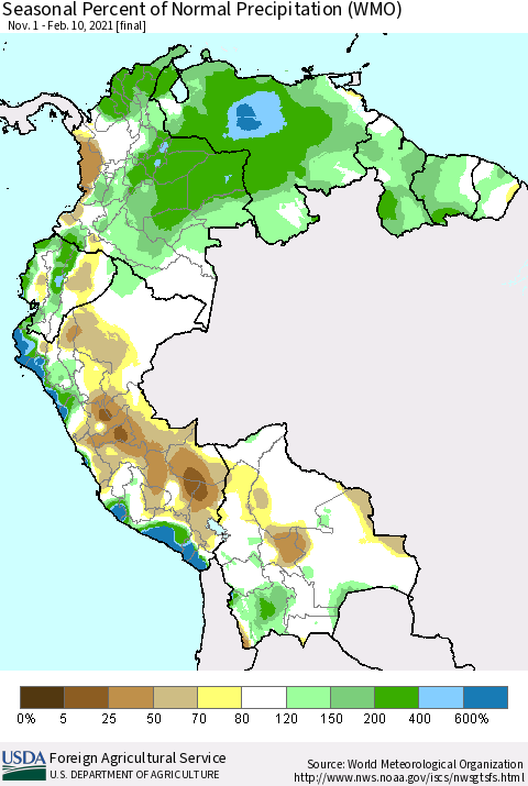 Northern South America Seasonal Percent of Normal Precipitation (WMO) Thematic Map For 11/1/2020 - 2/10/2021