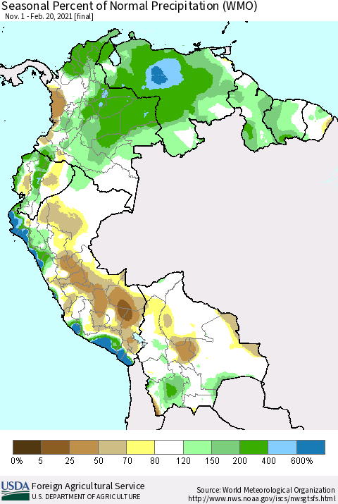 Northern South America Seasonal Percent of Normal Precipitation (WMO) Thematic Map For 11/1/2020 - 2/20/2021