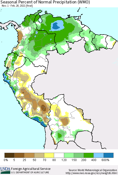 Northern South America Seasonal Percent of Normal Precipitation (WMO) Thematic Map For 11/1/2020 - 2/28/2021