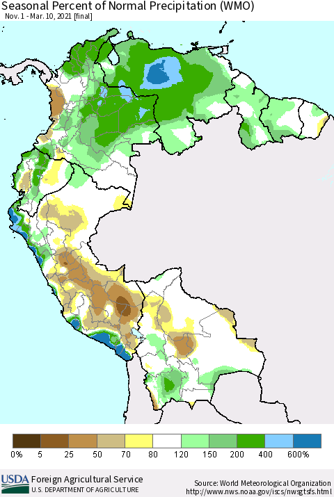 Northern South America Seasonal Percent of Normal Precipitation (WMO) Thematic Map For 11/1/2020 - 3/10/2021