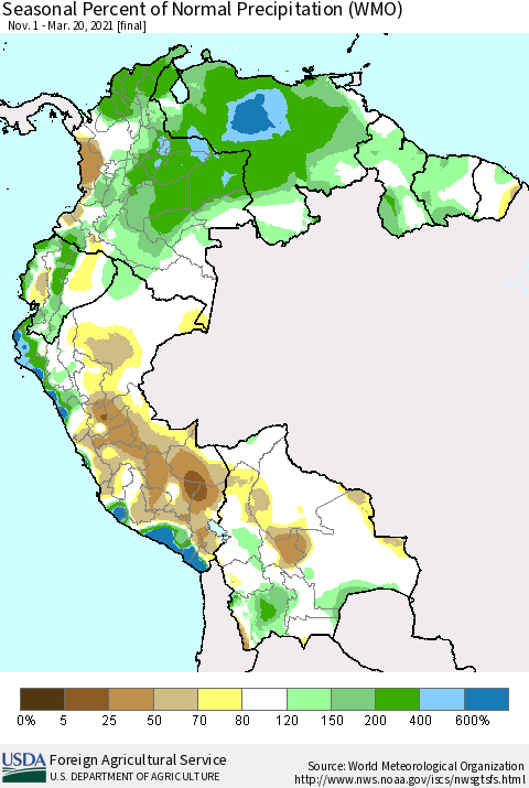 Northern South America Seasonal Percent of Normal Precipitation (WMO) Thematic Map For 11/1/2020 - 3/20/2021