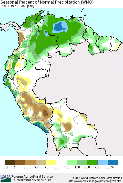 Northern South America Seasonal Percent of Normal Precipitation (WMO) Thematic Map For 11/1/2020 - 3/31/2021