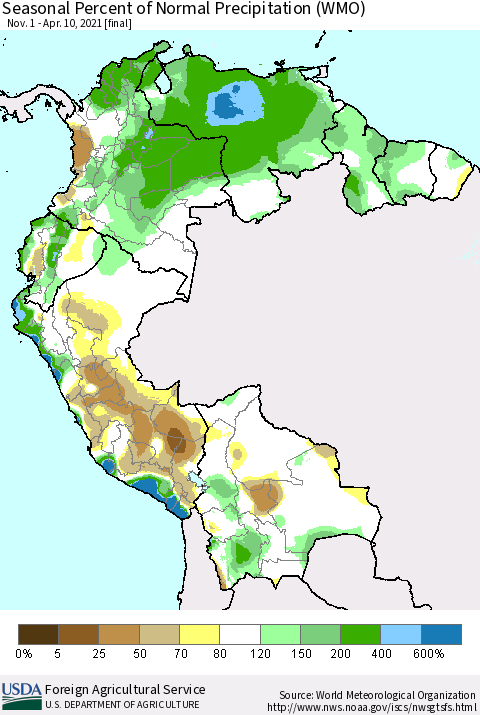 Northern South America Seasonal Percent of Normal Precipitation (WMO) Thematic Map For 11/1/2020 - 4/10/2021