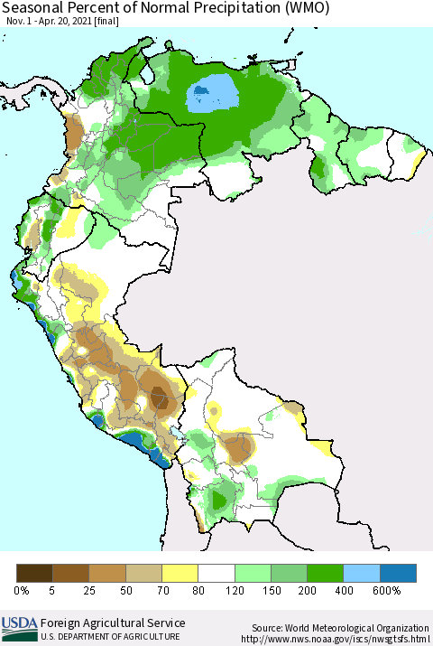 Northern South America Seasonal Percent of Normal Precipitation (WMO) Thematic Map For 11/1/2020 - 4/20/2021