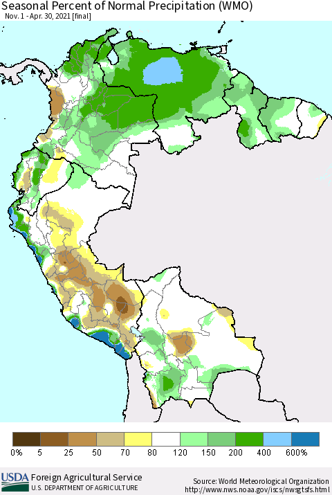 Northern South America Seasonal Percent of Normal Precipitation (WMO) Thematic Map For 11/1/2020 - 4/30/2021