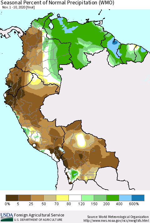 Northern South America Seasonal Percent of Normal Precipitation (WMO) Thematic Map For 11/1/2020 - 11/10/2020