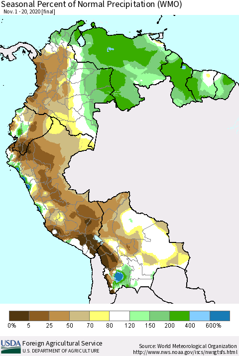 Northern South America Seasonal Percent of Normal Precipitation (WMO) Thematic Map For 11/1/2020 - 11/20/2020