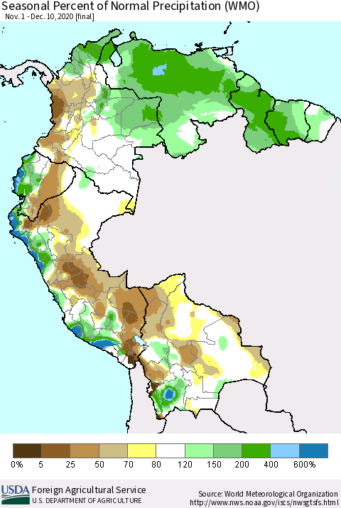 Northern South America Seasonal Percent of Normal Precipitation (WMO) Thematic Map For 11/1/2020 - 12/10/2020