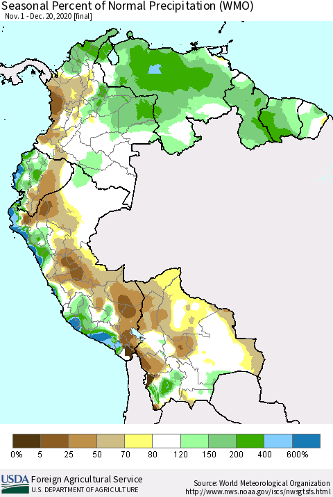 Northern South America Seasonal Percent of Normal Precipitation (WMO) Thematic Map For 11/1/2020 - 12/20/2020