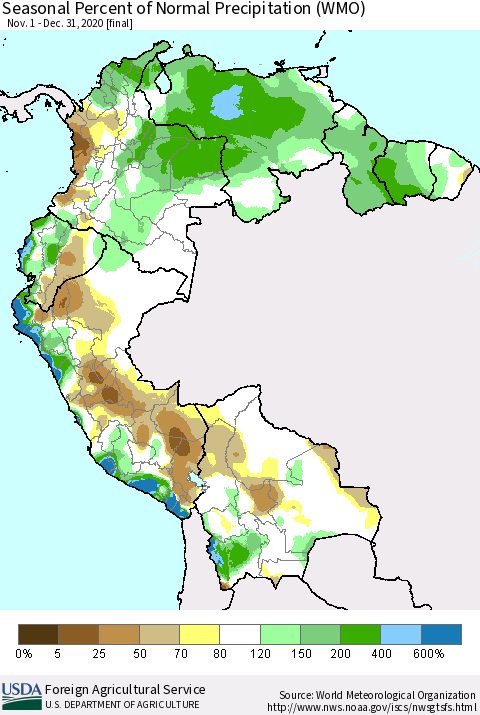Northern South America Seasonal Percent of Normal Precipitation (WMO) Thematic Map For 11/1/2020 - 12/31/2020
