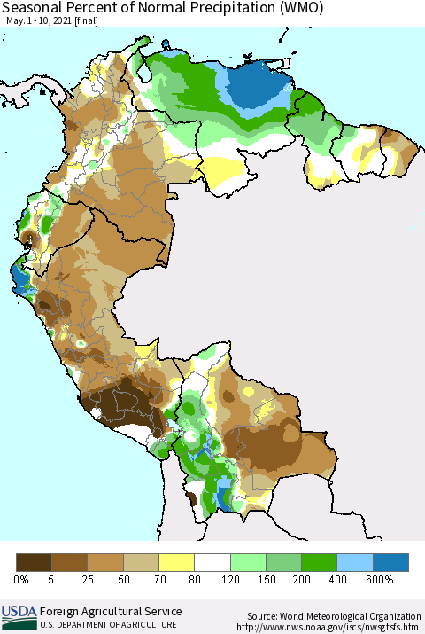 Northern South America Seasonal Percent of Normal Precipitation (WMO) Thematic Map For 5/1/2021 - 5/10/2021