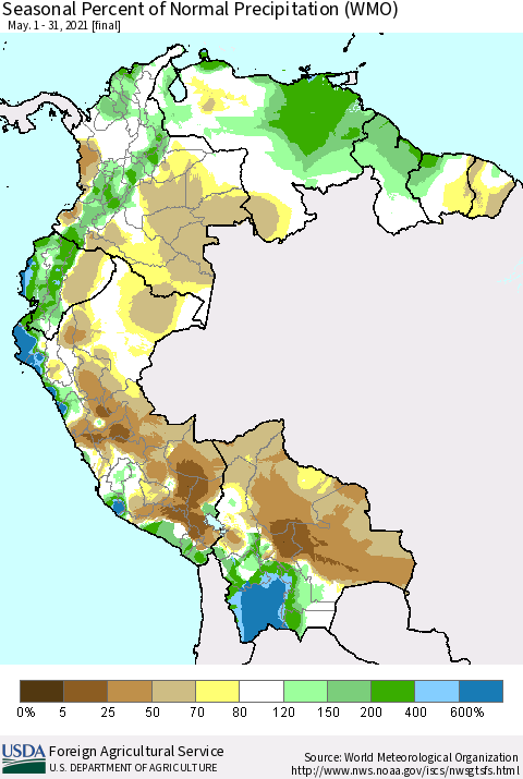 Northern South America Seasonal Percent of Normal Precipitation (WMO) Thematic Map For 5/1/2021 - 5/31/2021