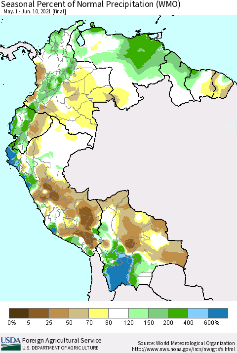 Northern South America Seasonal Percent of Normal Precipitation (WMO) Thematic Map For 5/1/2021 - 6/10/2021