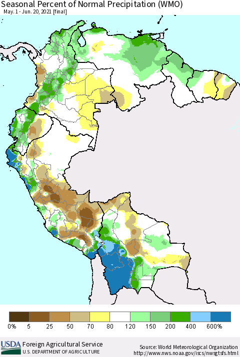 Northern South America Seasonal Percent of Normal Precipitation (WMO) Thematic Map For 5/1/2021 - 6/20/2021
