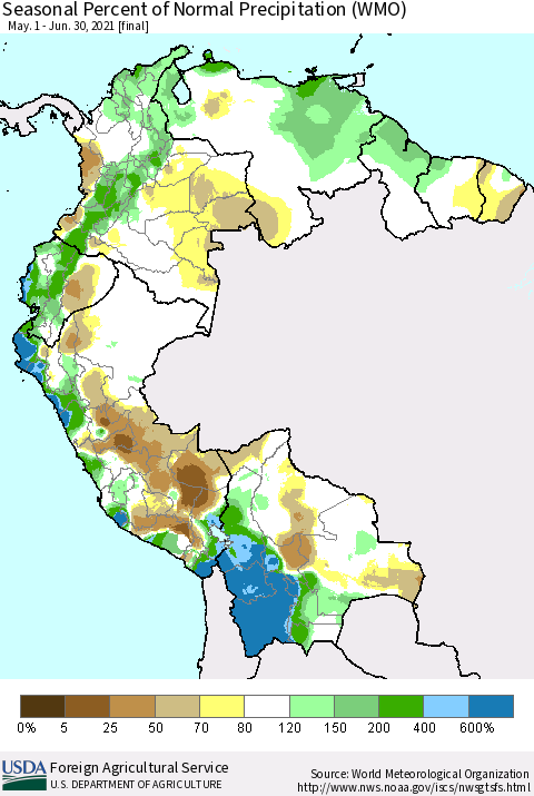 Northern South America Seasonal Percent of Normal Precipitation (WMO) Thematic Map For 5/1/2021 - 6/30/2021
