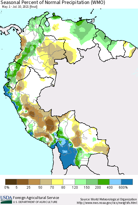 Northern South America Seasonal Percent of Normal Precipitation (WMO) Thematic Map For 5/1/2021 - 7/10/2021