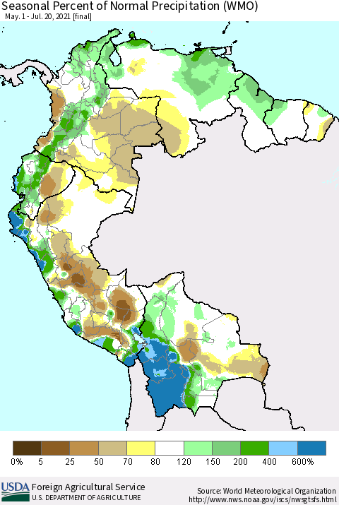 Northern South America Seasonal Percent of Normal Precipitation (WMO) Thematic Map For 5/1/2021 - 7/20/2021