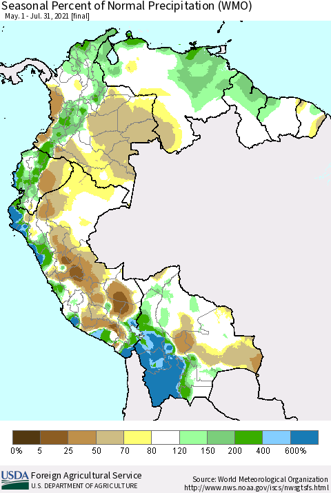 Northern South America Seasonal Percent of Normal Precipitation (WMO) Thematic Map For 5/1/2021 - 7/31/2021