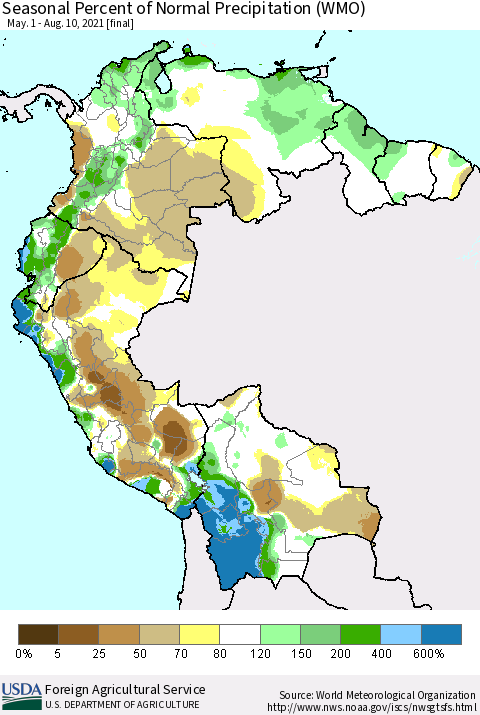 Northern South America Seasonal Percent of Normal Precipitation (WMO) Thematic Map For 5/1/2021 - 8/10/2021