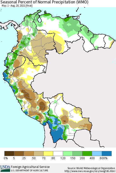 Northern South America Seasonal Percent of Normal Precipitation (WMO) Thematic Map For 5/1/2021 - 8/20/2021
