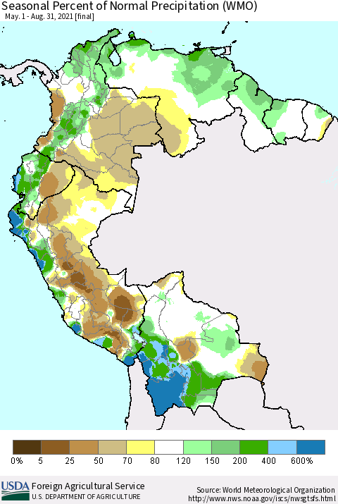 Northern South America Seasonal Percent of Normal Precipitation (WMO) Thematic Map For 5/1/2021 - 8/31/2021