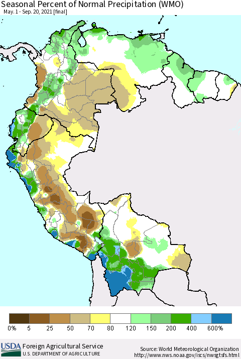 Northern South America Seasonal Percent of Normal Precipitation (WMO) Thematic Map For 5/1/2021 - 9/20/2021