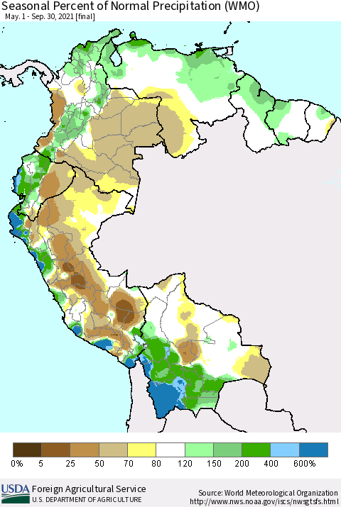Northern South America Seasonal Percent of Normal Precipitation (WMO) Thematic Map For 5/1/2021 - 9/30/2021