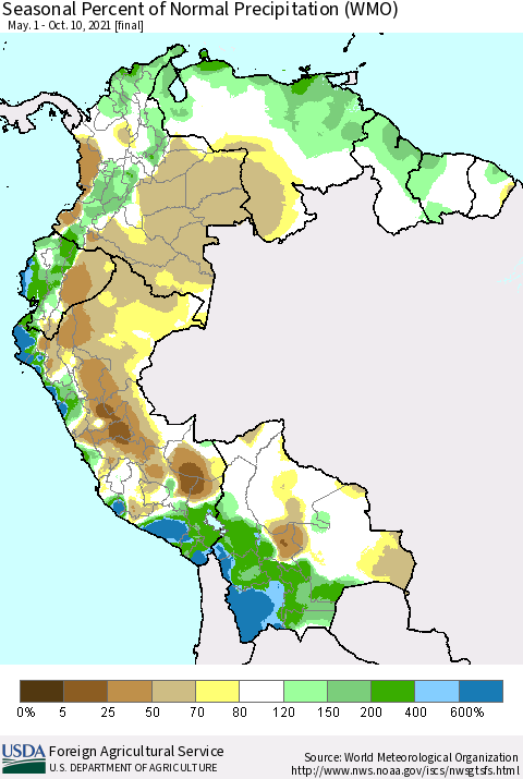 Northern South America Seasonal Percent of Normal Precipitation (WMO) Thematic Map For 5/1/2021 - 10/10/2021