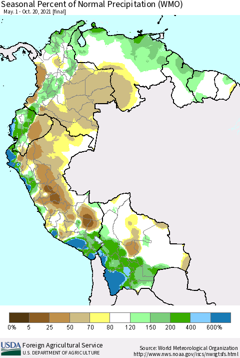 Northern South America Seasonal Percent of Normal Precipitation (WMO) Thematic Map For 5/1/2021 - 10/20/2021