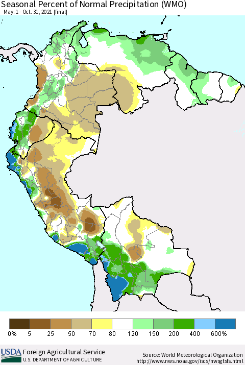 Northern South America Seasonal Percent of Normal Precipitation (WMO) Thematic Map For 5/1/2021 - 10/31/2021