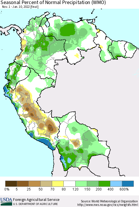 Northern South America Seasonal Percent of Normal Precipitation (WMO) Thematic Map For 11/1/2021 - 1/10/2022